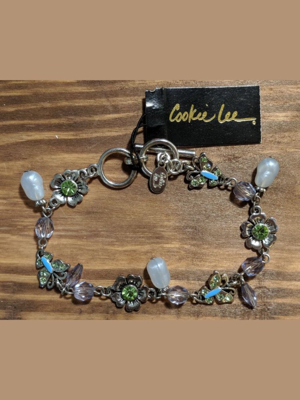 RARE NWT Cookie Lee Silvertone Faux Pearl CRYSTAL Enamel Butterfly Bracelet